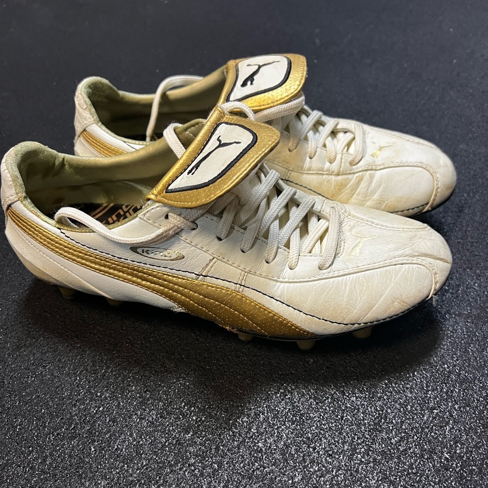 Puma White and Gold Athletic Shoes with Dual Closure